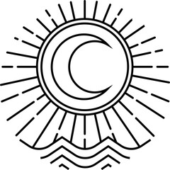 A vintage-style minimalist icon featuring the sun, ocean waves, mountains, and leaves. This design evokes the serenity of nature, blending the elements in a harmonious and adventurous way