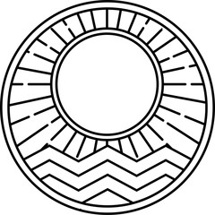 A timeless vintage outline design featuring sun, rays, leaves, waves, and mountains. This nature-inspired logo highlights the peaceful and balanced relationship between earth, sea, and sky