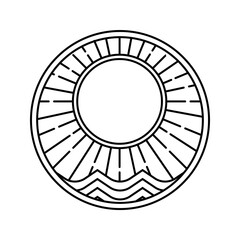 A classic vintage logo in outline style featuring the sun, waves, mountains, and leaves. The design captures the peaceful balance of earth’s natural elements and invites a sense of wonder and serenity