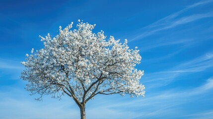Fototapeta premium A blooming tree set against a crisp blue sky, symbolizing the freshness of spring, with plenty of copy space for added content
