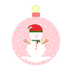 Snowman with green scarf and Santa hat in snow ball.