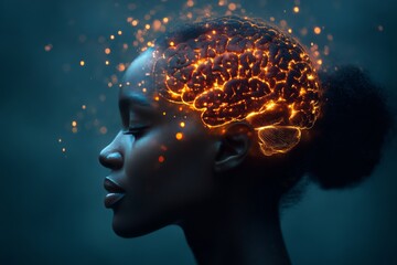 Obraz premium Deep learning artificial neural networks and biocomputation digital silhouette of a human head with glowing brain energy showcasing human connection with ai tech