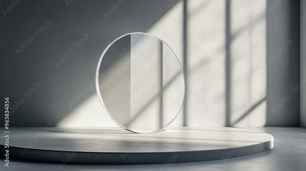 Poster A large white mirror is placed in the center of a room with a window behind it. The room is empty and has a minimalist design. The mirror reflects the sunlight coming in from the window