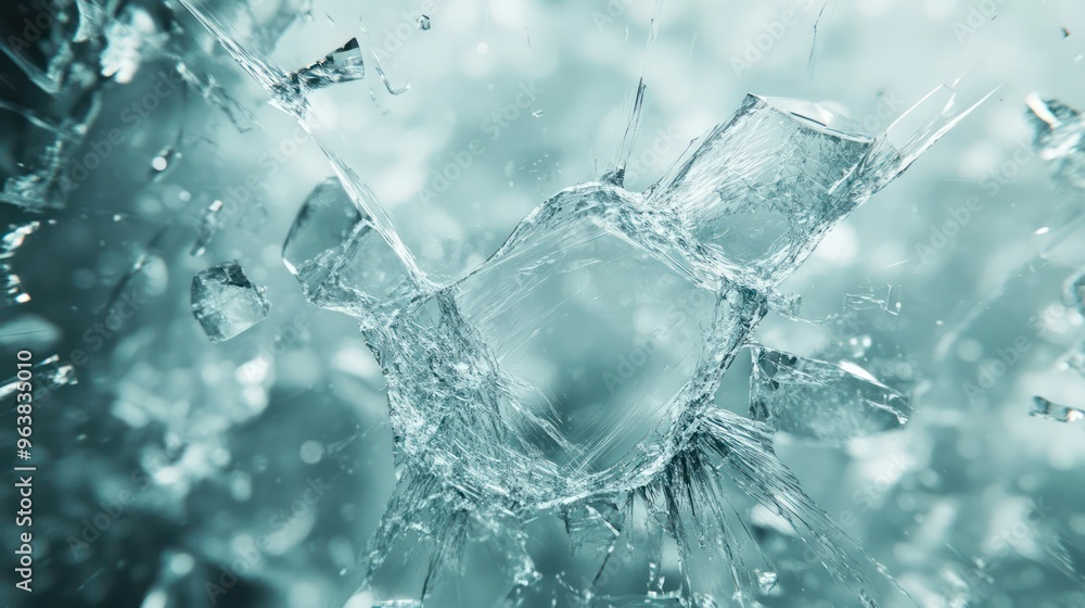 Poster a shattered window with ice cubes scattered around it. scene is one of destruction and chaos