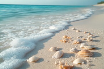 A peaceful beach scene with a single sea shell resting on the sand