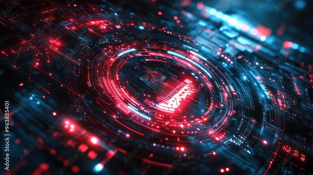 Fototapete A close up of a computer screen with a red circle in the center. The circle is surrounded by a blue and red pattern. Concept of technology and modernity