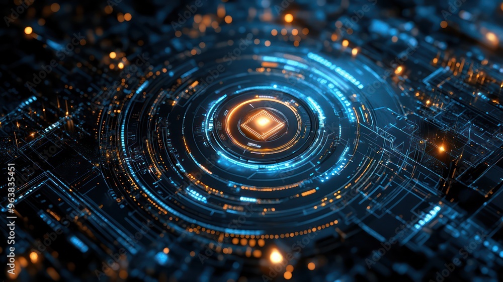 Poster A computer chip is shown in a blue and orange color scheme. The chip is surrounded by a circle of glowing lights, giving the impression of a futuristic, high-tech environment