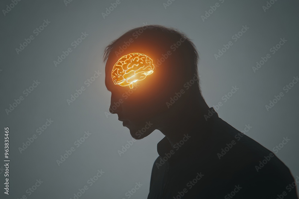 Poster neuroplasticity brain augmentation and brain interface conceptual silhouette of a man with illuminat