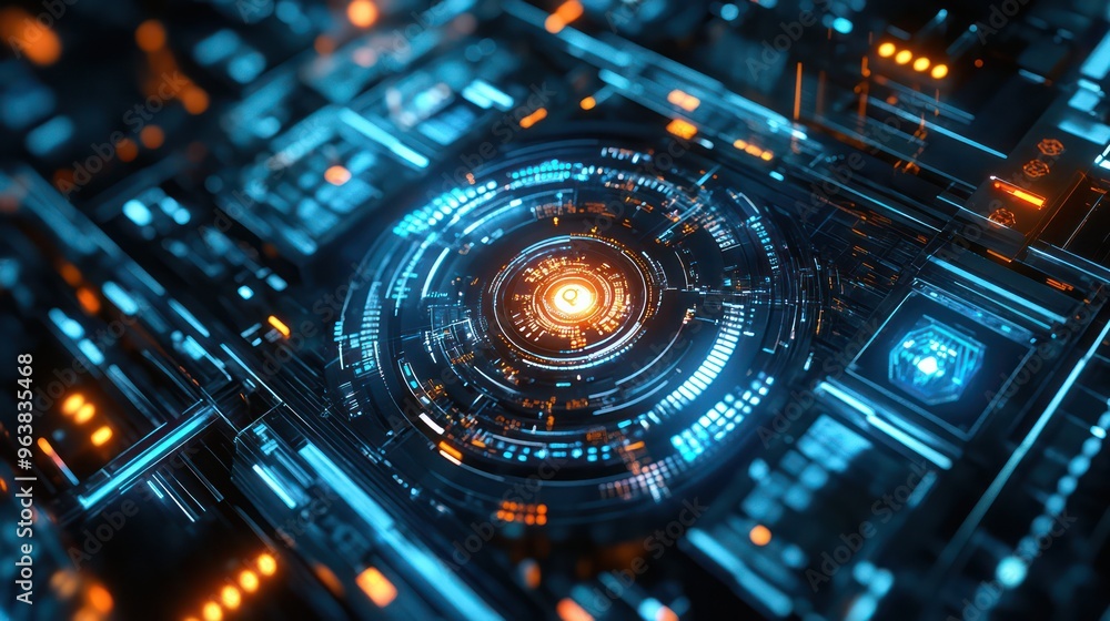Poster A computer chip with a blue circle in the middle and orange dots surrounding it