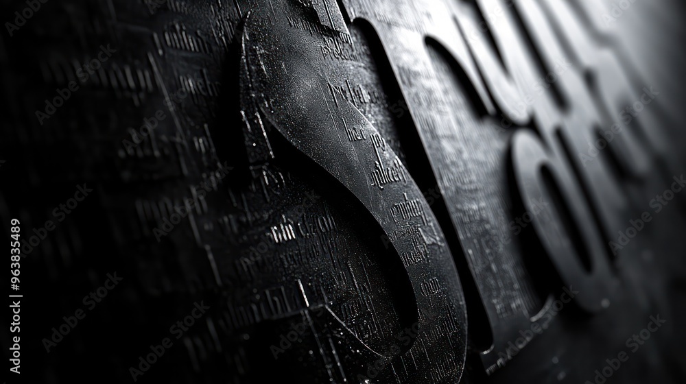 Poster the image is a close up of the letter s in black. the letter is surrounded by a lot of text, which g