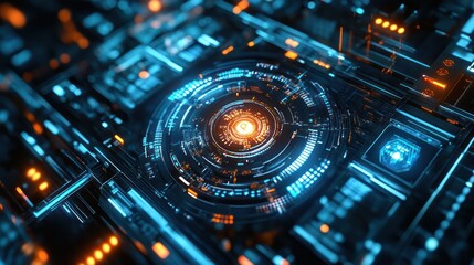 A computer chip with a blue circle in the middle and orange dots surrounding it