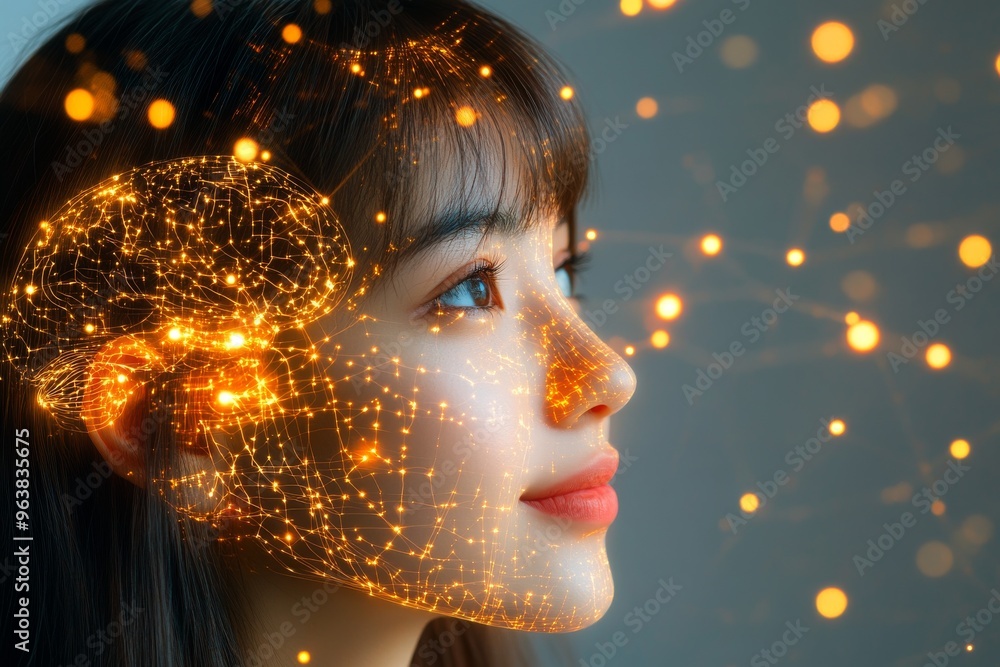 Poster artificial intelligence digital intelligence and technological singularity facial profile of a woman