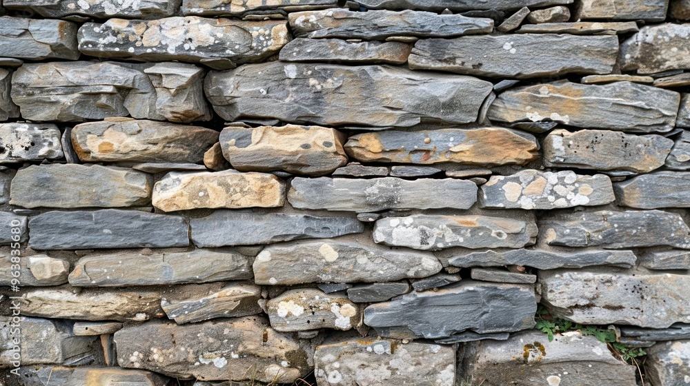 Poster a close-up of a rustic stone wall, with different sizes and shapes of stones, showcasing the natural