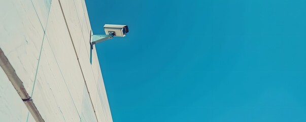 Security Camera Mounted on a Wall Against a Blue Sky