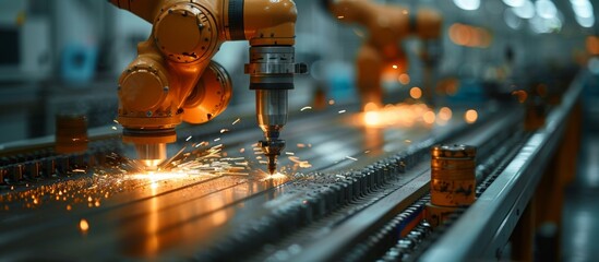 a picture of 2 robot arms milling a metal workpiece in the steel industry.