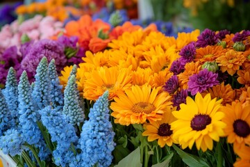 A vibrant garden scene with yellow and blue flowers in full bloom