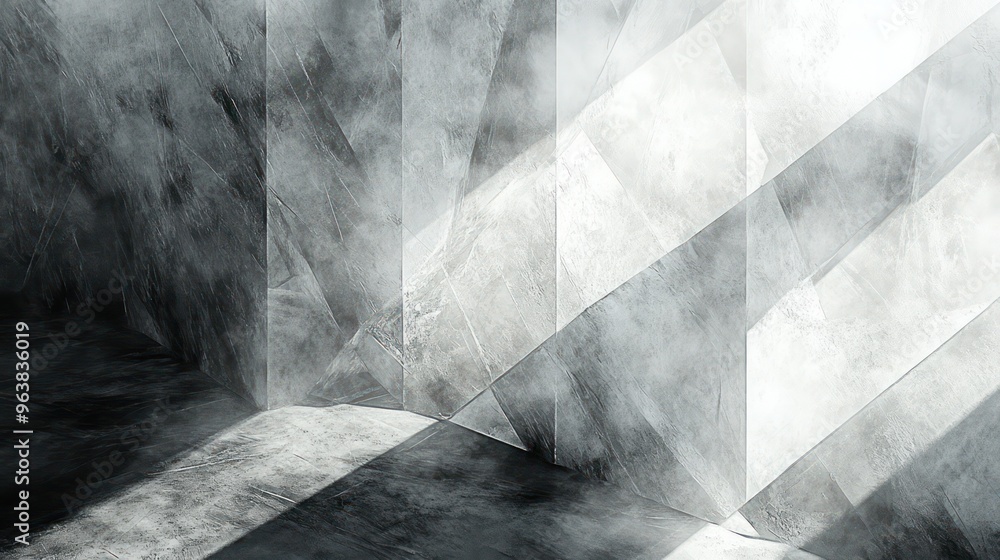 Poster a grey and white room with a wall that has a triangle on it. the room is empty and has a very cold a