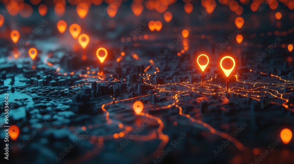 Poster a cityscape with glowing, connected location pins in a 3d rendering, symbolizing advanced navigation