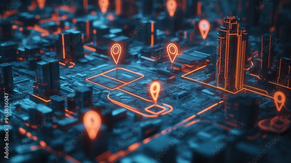 Poster a cityscape with glowing, connected location pins in a 3d rendering, symbolizing advanced navigation