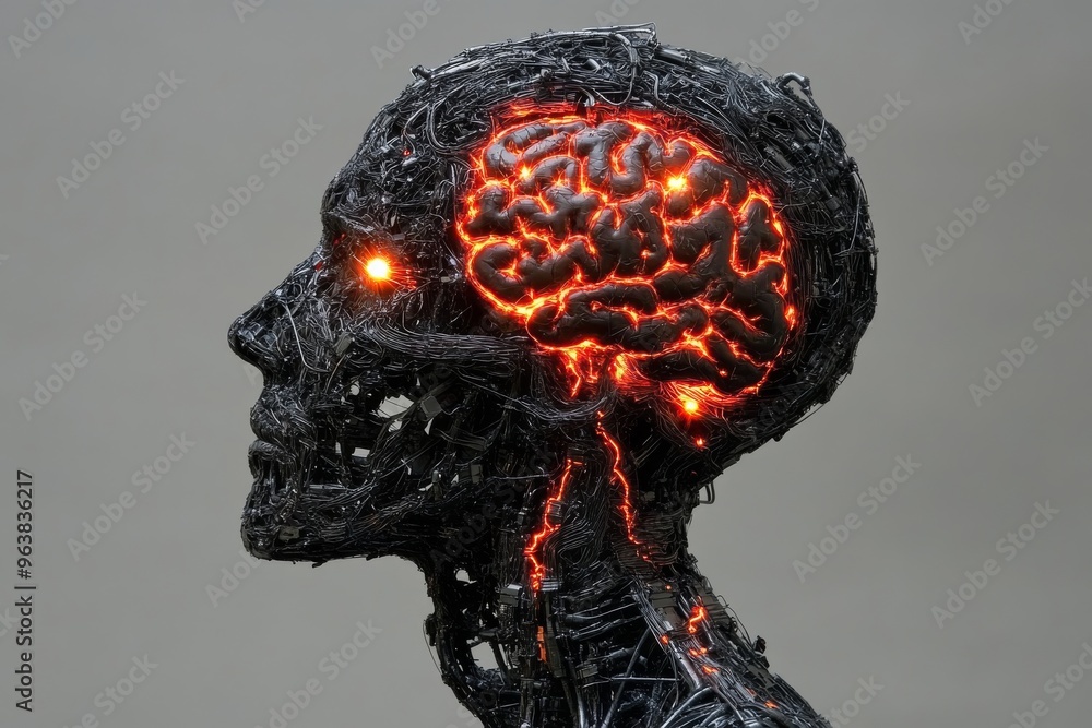 Poster neural enhancement machine learning and cognitive therapy artistic portrayal of a robotic skull with