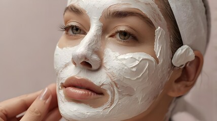 Close up beautician's hands applying anti-aging facial cream on woman client face to prevent wrinkles in spa salon. Skin care, cosmetic procedures for facial care and beauty treatment concept.