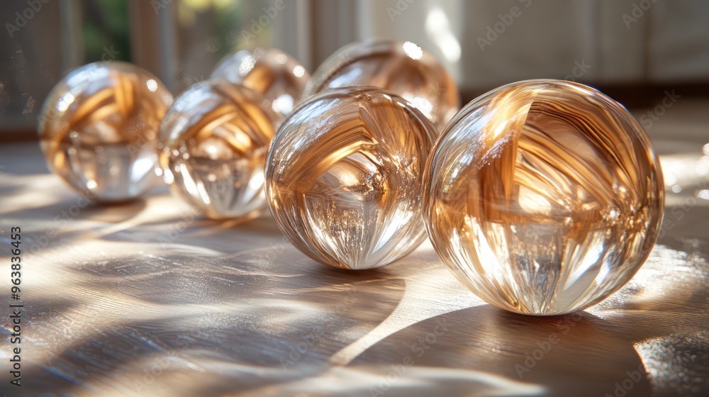 Fototapete a group of glass spheres are arranged in a row on a wooden floor. the spheres are all different size