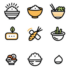 Collection of colorful food icons depicting rice bowls, vegetables, sushi, and salad.