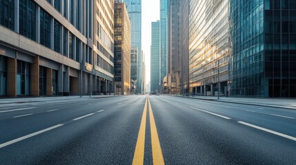 Obraz premium A clean, empty road stretches between modern office buildings, emphasizing urban design and calm in the city.