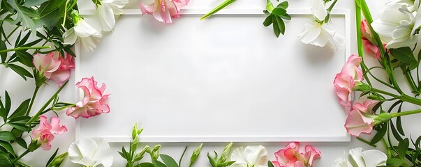 White Frame Surrounded by Pink and White Flowers and Green Leaves