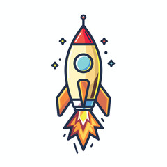 Cartoon rocket ship launching with colorful flames and stars in background.