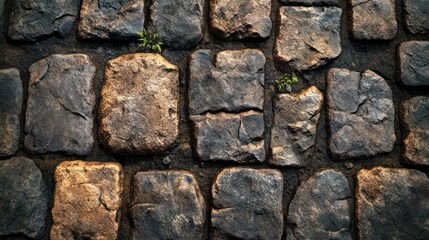 Obraz premium A close up of a stone wall with a plant growing out of a crack. The wall is made of large, rough stones and the plant is small and green. Concept of resilience and growth