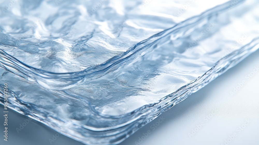 Poster A stack of clear glass plates with a blue watery surface. The plates are arranged in a way that they appear to be floating on top of each other, creating a sense of depth and movement