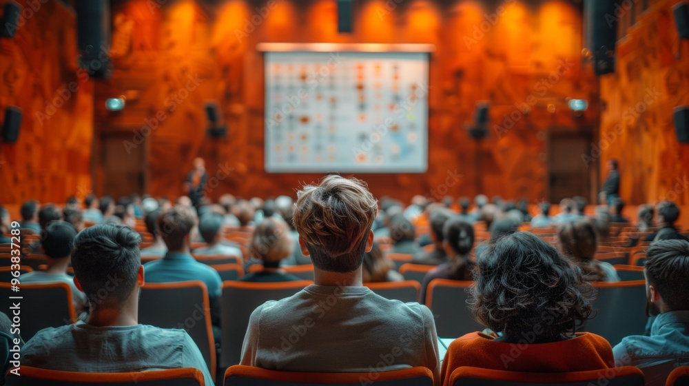 Poster a formal business presentation, with a speaker using a projector to display slides to an engaged aud