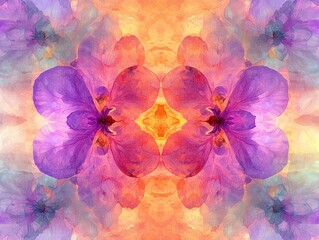 Vibrant Abstract Floral Art with Symmetrical Design in Purple and Orange Hues