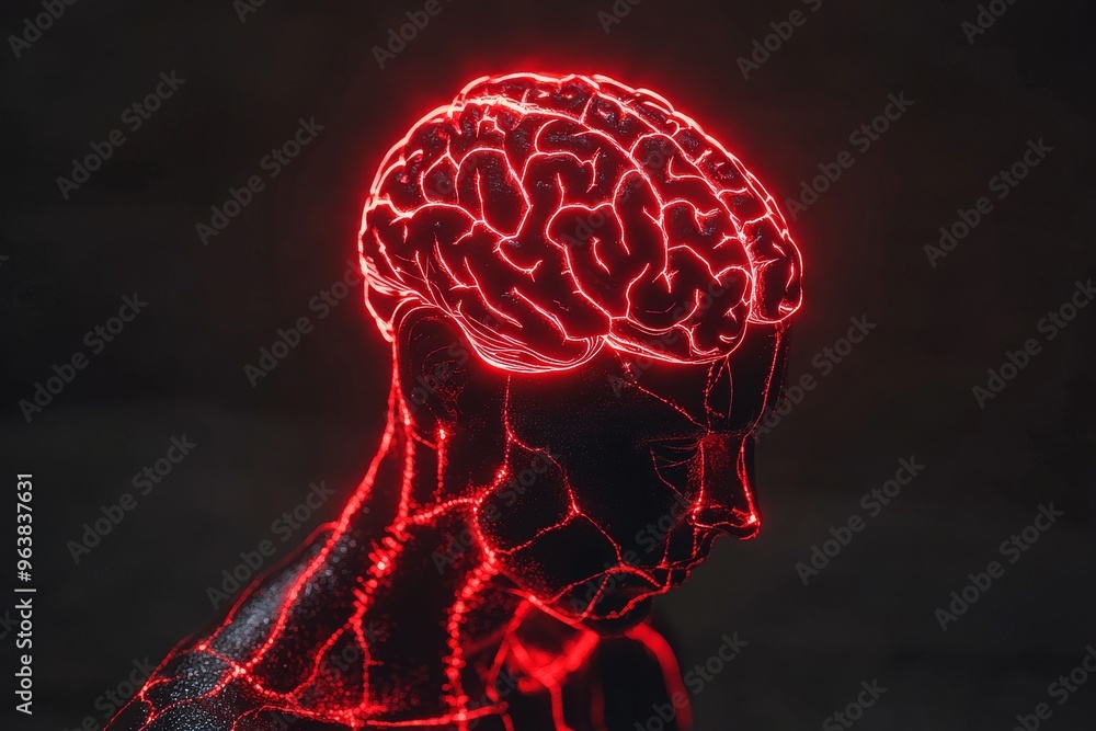 Poster neural circuits sci fi neural networks and brain activity neon glowing human brain profile with vibr