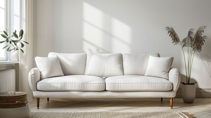 Minimalist living room with a white sofa, wooden floor, and natural light.