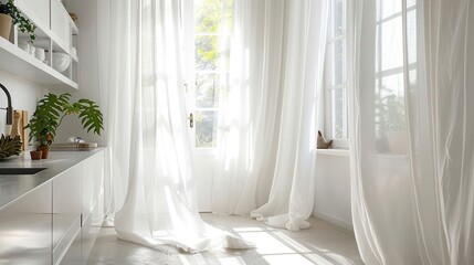White sheer curtains in a bright kitchen with a window and a plant.