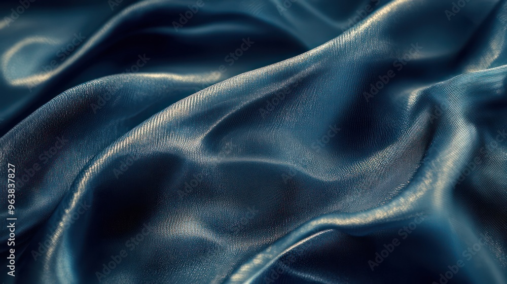 Poster A blue fabric with a shiny texture. The fabric is folded and has a shiny appearance. The image has a calm and serene mood