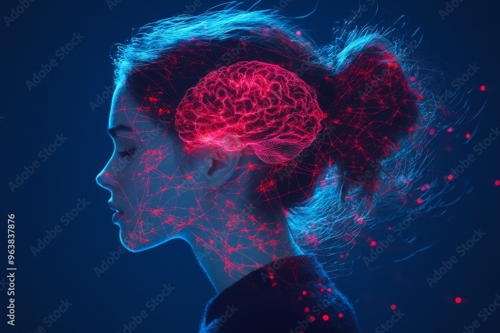 Aufkleber neuron mapping neuroplasticity and abstract neural profile of a young woman with red glowing neural 