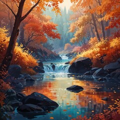 Vibrant autumn forest scene with colorful trees and a serene river, perfect for nature-themed designs and backgrounds.