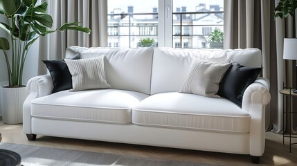 A white sofa with black and grey pillows sits in a living room with a window in the background.