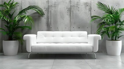 Fototapeta premium White sofa in a minimalist living room with concrete walls and potted plants.