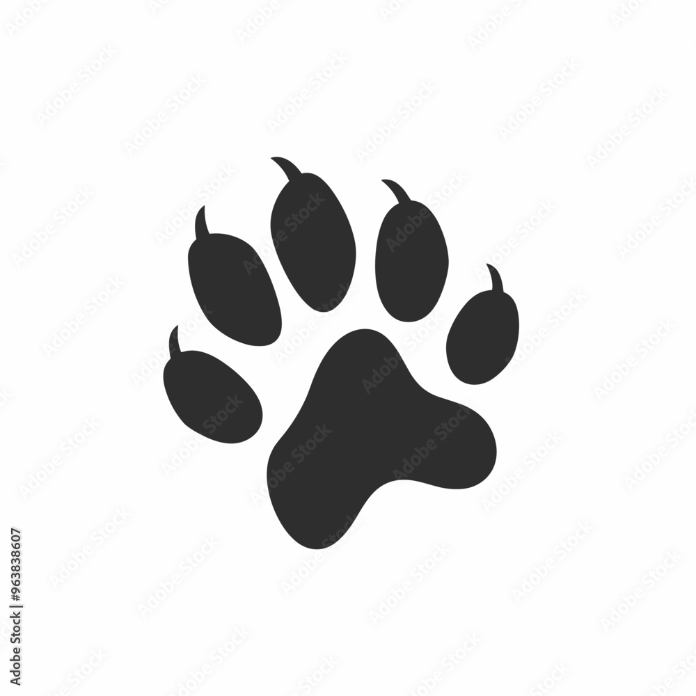 Poster silhouette of a paw print with five distinct pads on an isolated white background.