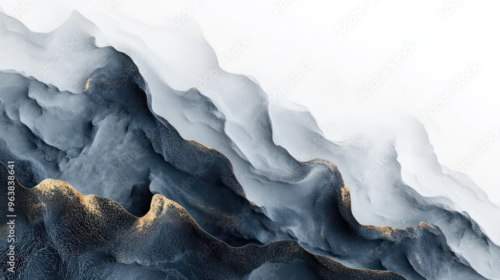 Poster a painting of a mountain range with a blue and white color scheme. the mountains are covered in a mi