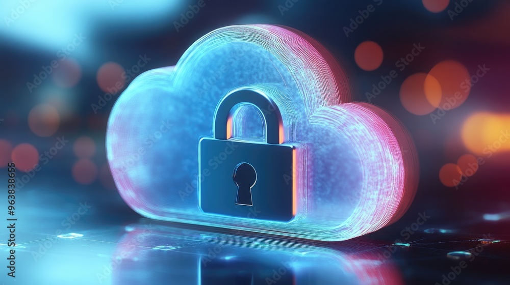 Poster a cloud icon fused with a padlock, emphasizing the concept of cybersecurity in cloud computing envir