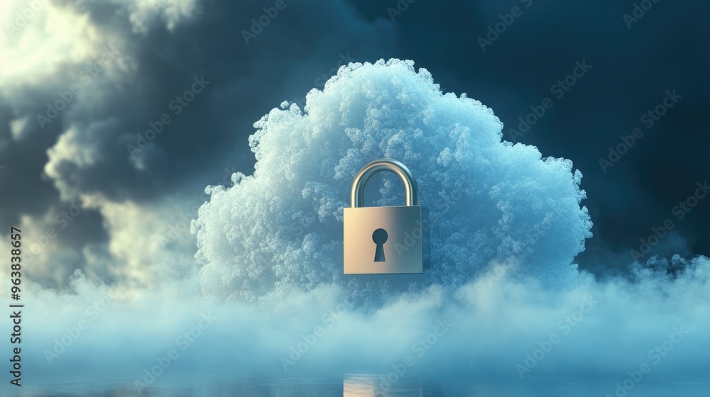 Poster a cloud icon fused with a padlock, emphasizing the concept of cybersecurity in cloud computing envir