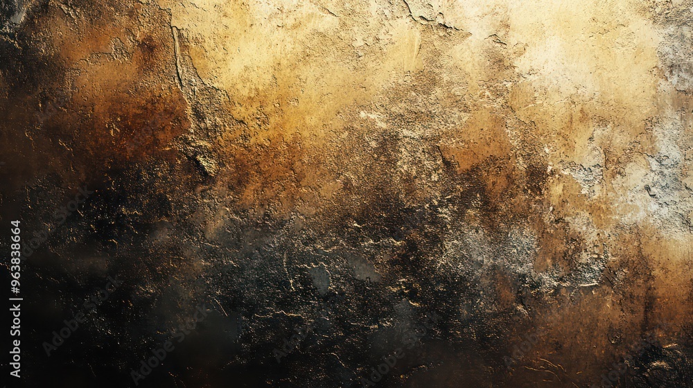 Poster a wall with a brown and black background with a few spots of gold. the wall is covered in a textured