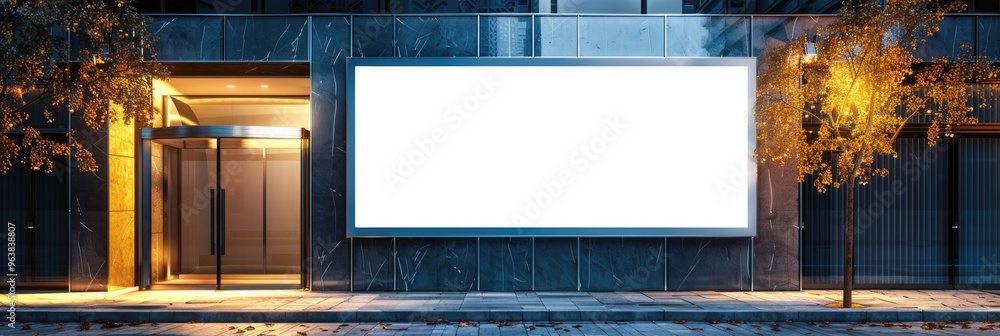 Wall mural Urban building entrance featuring a horizontal blank advertising poster billboard mockup digital light box display for outdoor media.