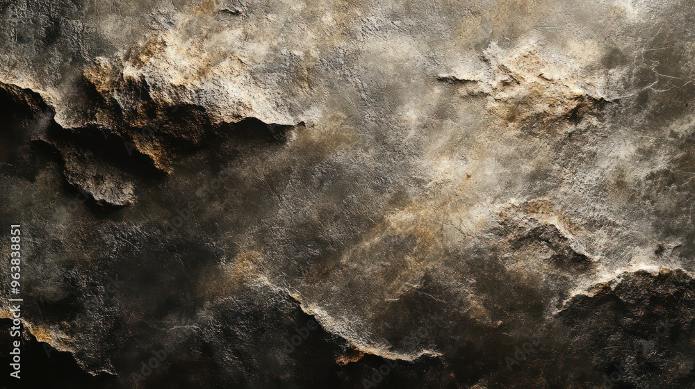 Poster a rocky, grainy background with a few specks of gold. scene is somewhat ominous and mysterious