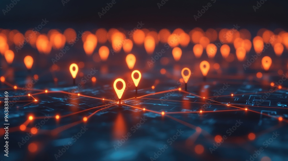 Poster a conceptual city with linked location pins, highlighting the network of interconnectedness and trac